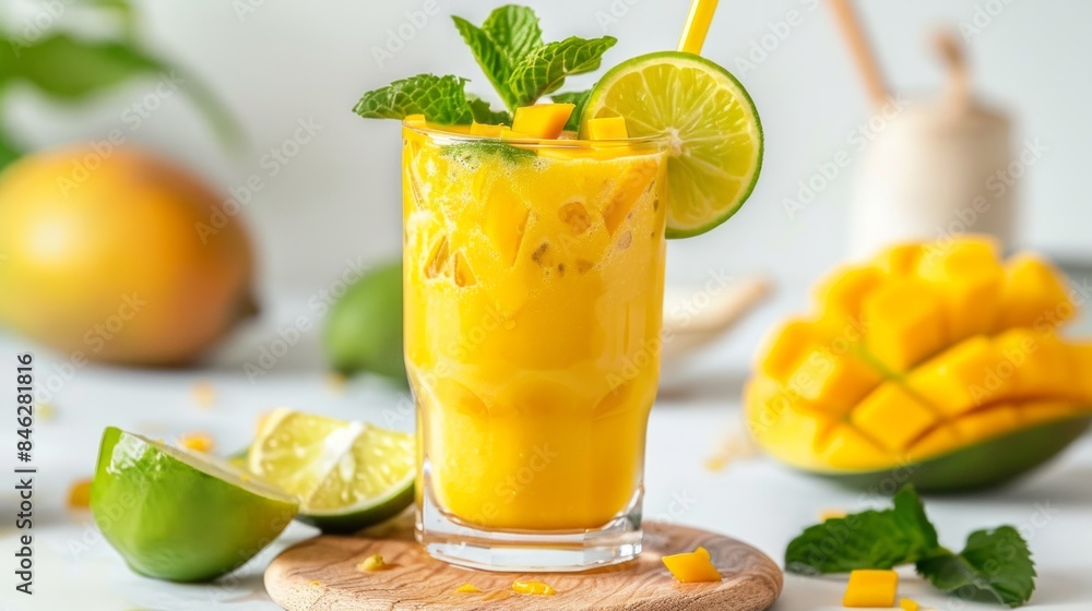 Fototapeta premium Delicious mango smoothie in glass jar on grey background with copy space. Refreshing summer drink