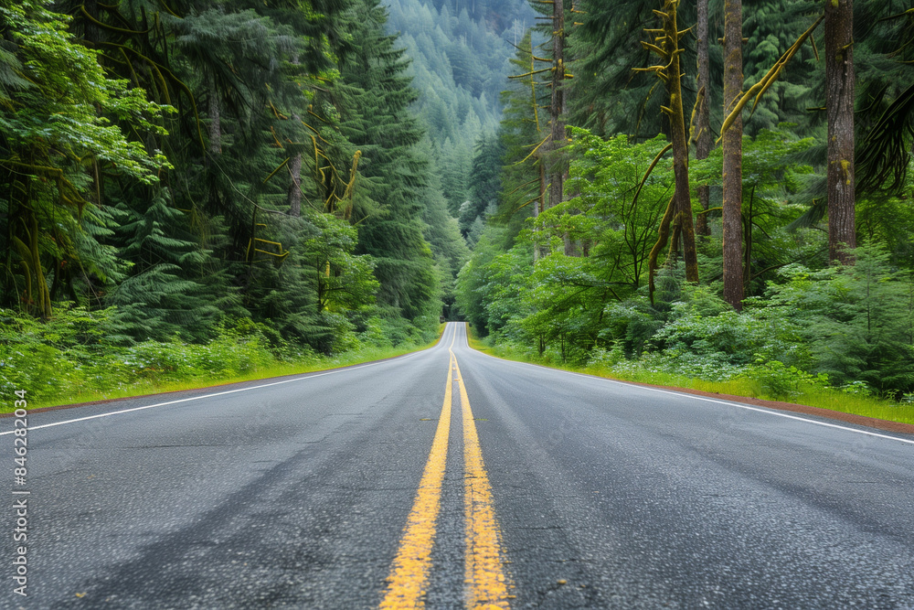 Obraz premium Scenic view of a road crossing the Hoh National Forest in Olympic National Park, Washington, United States. Beautiful natural landscape.