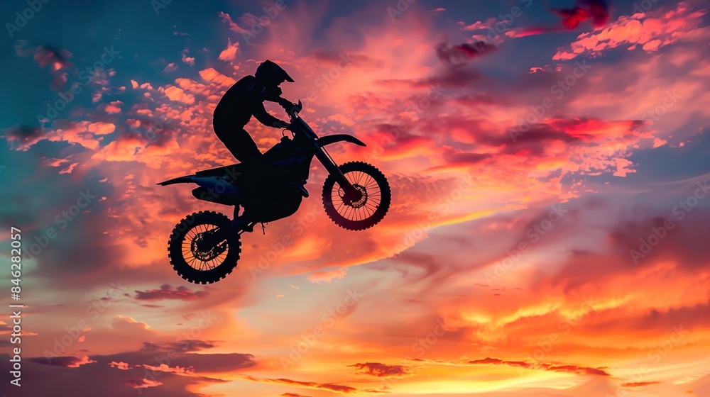 Naklejka premium Motocross Rider Soaring Mid-Air Against a Sunset Sky