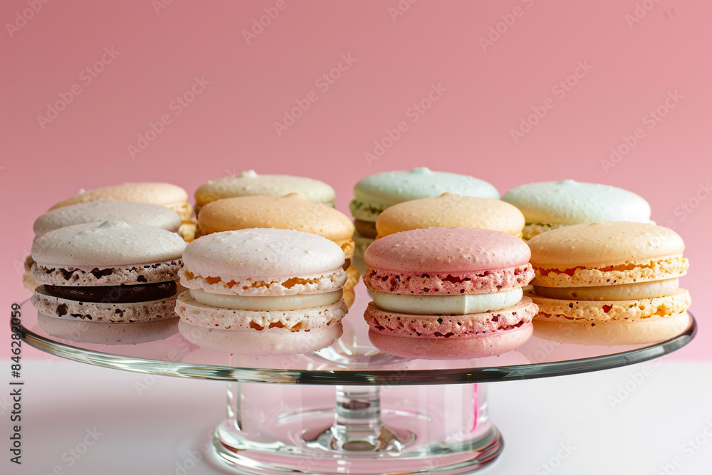 A delicate arrangement of pastel-colored macarons, arranged in a symmetrical pattern on a gleaming glass platter, set against a solid pink background.