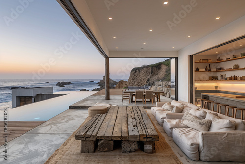 A serene beach house in Malibu with minimalist design, featuring driftwood textures, coastal decor, and large glass doors, providing a tranquil and clutter-free living environment with stunning ocean 