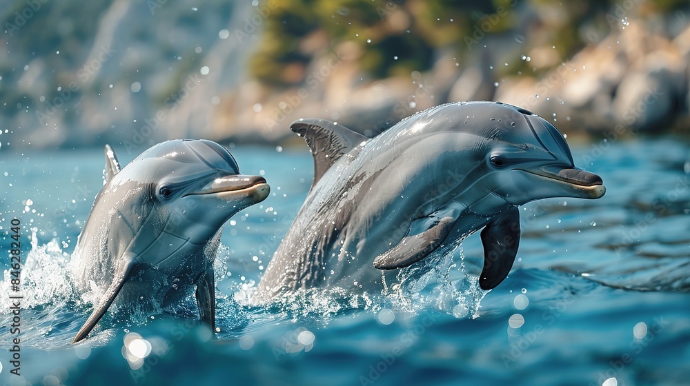 Obraz premium Graceful dolphins leaping in unison against a serene ocean backdrop