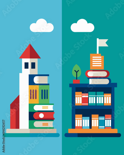 The difference in the quality of education is evident in the wellstocked school libraries and stateoftheart technology available in one district while the other lacks these basic. Vector illustration