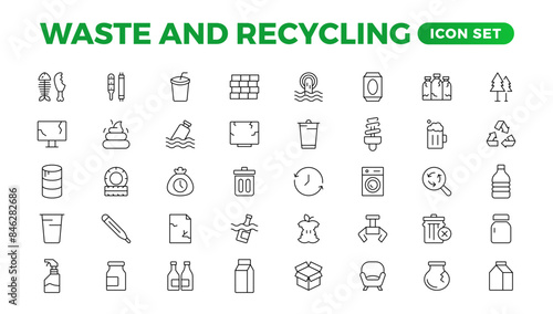 Set of Waste and Recycling line icons. Garbage, Trash, separation, and waste recycling Linear icon collection.