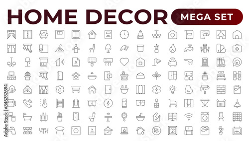 Set of furniture and home decor related icon set. home decor, decorations line icons. Contains such Icons as Children's Bed, Sofa, Hanger and more. Linear icon illustration collection.