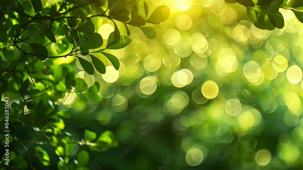 Spring nature abstract background with green leaves and bokeh effect - blurred foliage from trees for a serene and fresh seasonal design Spring nature abstract background with green leaves and bokeh effect - blurred foliage from trees for a serene and fresh seasonal design