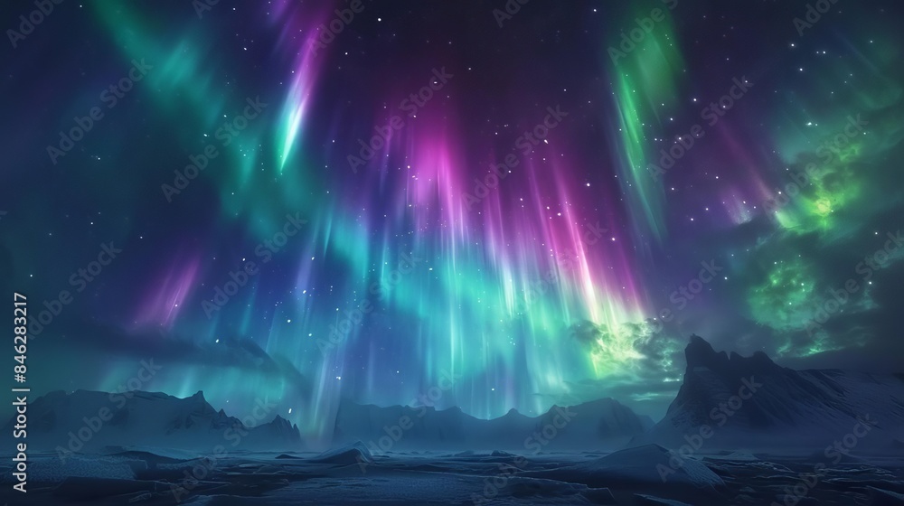 Fototapeta premium A serene moment of a rear view of Northern Lights dancing gracefully in the night sky in the Canadian wilderness, portraying the mesmerizing aurora borealis glowing in vivid colors