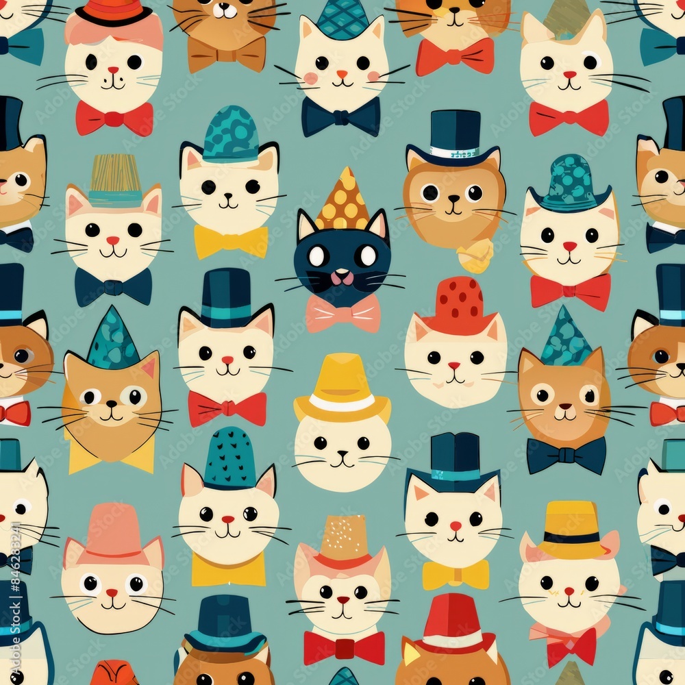 Seamless pattern of cats wearing tiny hats and bow ties, posing as if ready for a fancy event, Generative A Seamless pattern of cats wearing tiny hats and bow ties, posing as if ready for a fancy event, Generative A