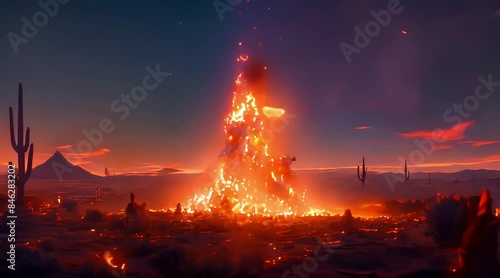 Realistic Desert Bonfire Adventure Animation. Large Fire Burning Brightly Surrounded by Sand Dunes, Cacti, and a Clear Night Sky. Animated Warm Glow Video. photo