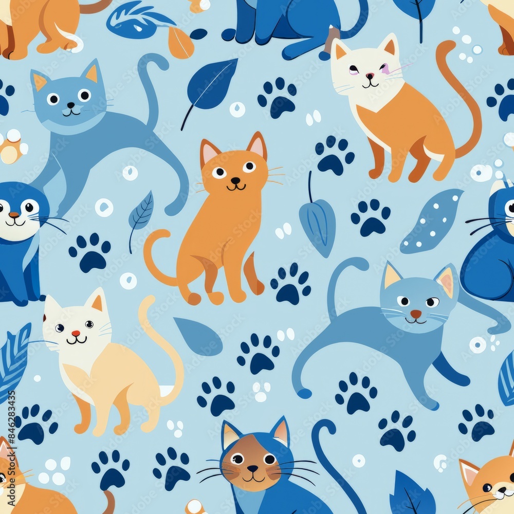 Seamless pattern of cats with fish and milk bottles scattered around them, some cats playfully pawing at the bottles, Generative AI Seamless pattern of cats with fish and milk bottles scattered around them, some cats playfully pawing at the bottles, Generative AI