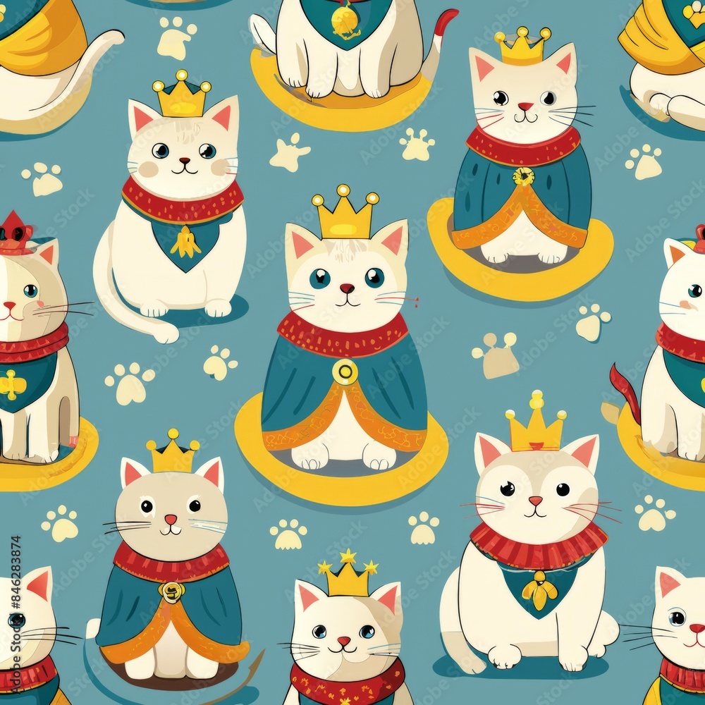 Seamless pattern of cats with tiny crowns and royal accessories, sitting on plush thrones or wearing capes for a regal touch, Generative AI Seamless pattern of cats with tiny crowns and royal accessories, sitting on plush thrones or wearing capes for a regal touch, Generative AI