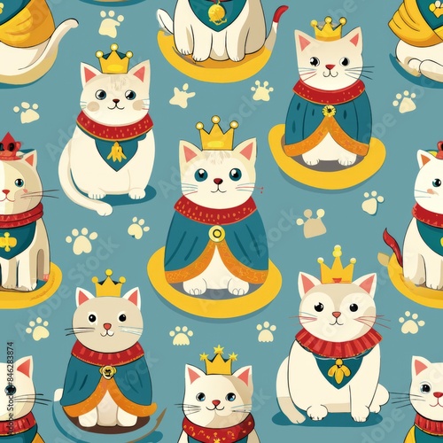 Wallpaper Mural Seamless pattern of cats with tiny crowns and royal accessories, sitting on plush thrones or wearing capes for a regal touch, Generative AI Torontodigital.ca