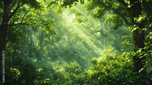 Lush Forest Canopy with Dappled Sunlight Casting a Tranquil Ambiance