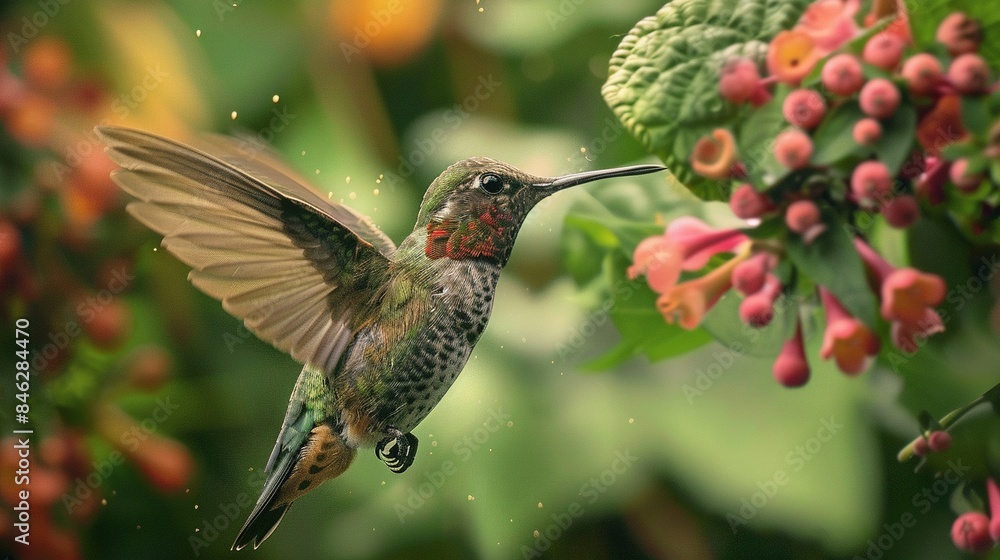 Naklejka premium A hummingbird is flying over a bush with red berries