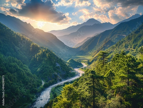 A mountain range with a river running through it