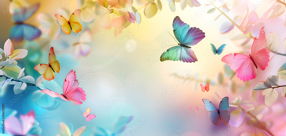 Fototapeta premium Sunlit dance of monarch butterflies, monarch butterflies in flight with flowers in the background