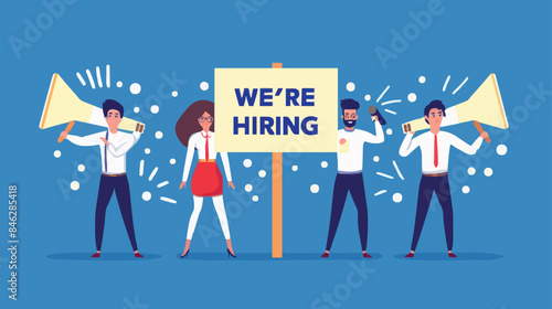 HR recruiting announcement we are hiring advertisement, human resources or employer looking for candidate for job vacancy concept, business people HR with megaphone holding we are hiring sign. Design 
