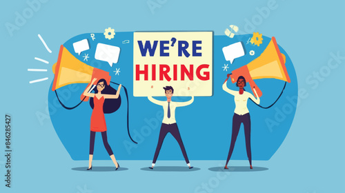 HR recruiting announcement we are hiring advertisement, human resources or employer looking for candidate for job vacancy concept, business people HR with megaphone holding we are hiring sign. Design 