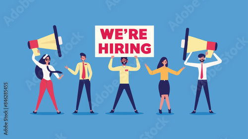 HR recruiting announcement we are hiring advertisement, human resources or employer looking for candidate for job vacancy concept, business people HR with megaphone holding we are hiring sign. Design 