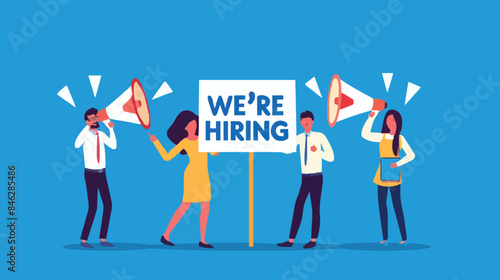 HR recruiting announcement we are hiring advertisement, human resources or employer looking for candidate for job vacancy concept, business people HR with megaphone holding we are hiring sign. Design 