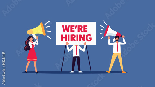 HR recruiting announcement we are hiring advertisement, human resources or employer looking for candidate for job vacancy concept, business people HR with megaphone holding we are hiring sign. Design 