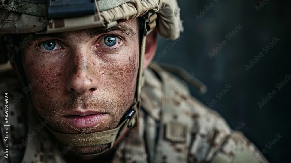 A close-up portrait of a soldier in uniform, his face etched with determination as he gazes into the distance