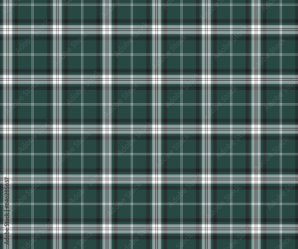 Fototapeta premium Plaid pattern, green, black, white, seamless for textiles, and for designing clothing, skirts, pants or decorative fabric. Vector illustration.