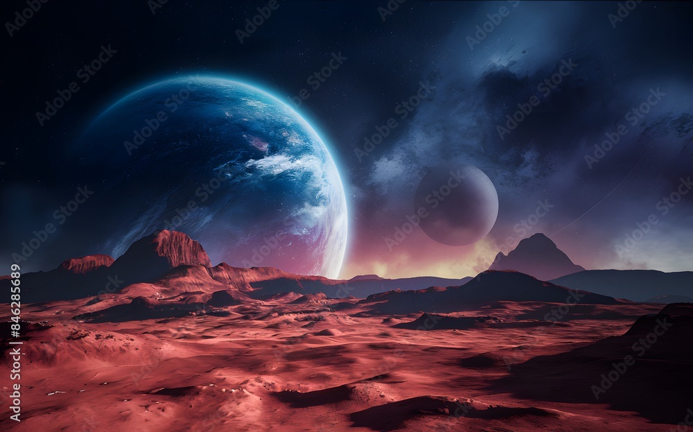 An illustration of an alien planet with unique landforms and an exotic atmosphere An illustration of an alien planet with unique landforms and an exotic atmosphere