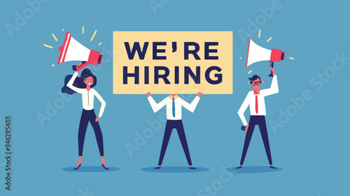 HR recruiting announcement we are hiring advertisement, human resources or employer looking for candidate for job vacancy concept, business people HR with megaphone holding we are hiring sign. Design 