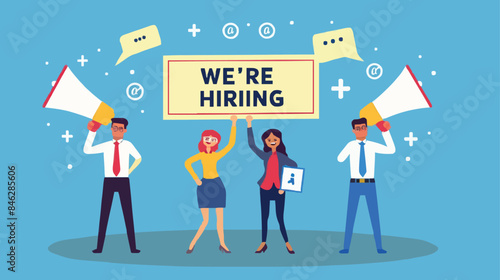 HR recruiting announcement we are hiring advertisement, human resources or employer looking for candidate for job vacancy concept, business people HR with megaphone holding we are hiring sign. Design 