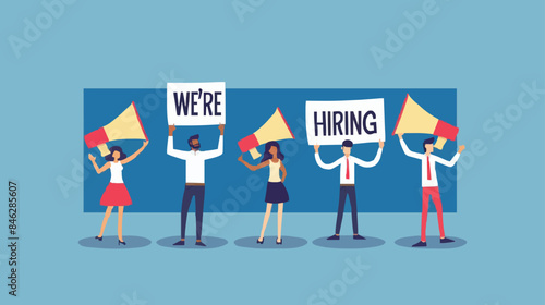 HR recruiting announcement we are hiring advertisement, human resources or employer looking for candidate for job vacancy concept, business people HR with megaphone holding we are hiring sign. Design 