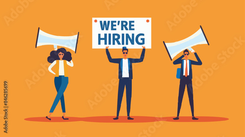 HR recruiting announcement we are hiring advertisement, human resources or employer looking for candidate for job vacancy concept, business people HR with megaphone holding we are hiring sign. Design 