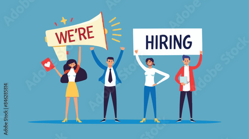 HR recruiting announcement we are hiring advertisement, human resources or employer looking for candidate for job vacancy concept, business people HR with megaphone holding we are hiring sign. Design 