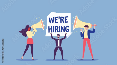 HR recruiting announcement we are hiring advertisement, human resources or employer looking for candidate for job vacancy concept, business people HR with megaphone holding we are hiring sign. Design 