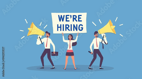 HR recruiting announcement we are hiring advertisement, human resources or employer looking for candidate for job vacancy concept, business people HR with megaphone holding we are hiring sign. Design 