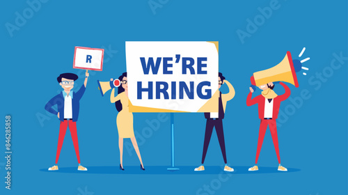 HR recruiting announcement we are hiring advertisement, human resources or employer looking for candidate for job vacancy concept, business people HR with megaphone holding we are hiring sign. Design 