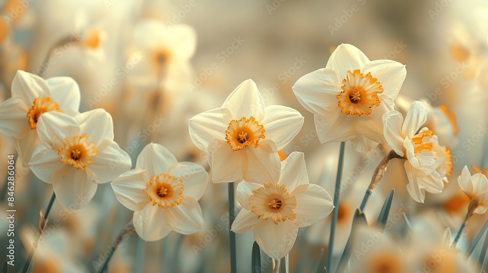 Obraz premium Beautiful closeup of blooming daffodils in spring sunlight