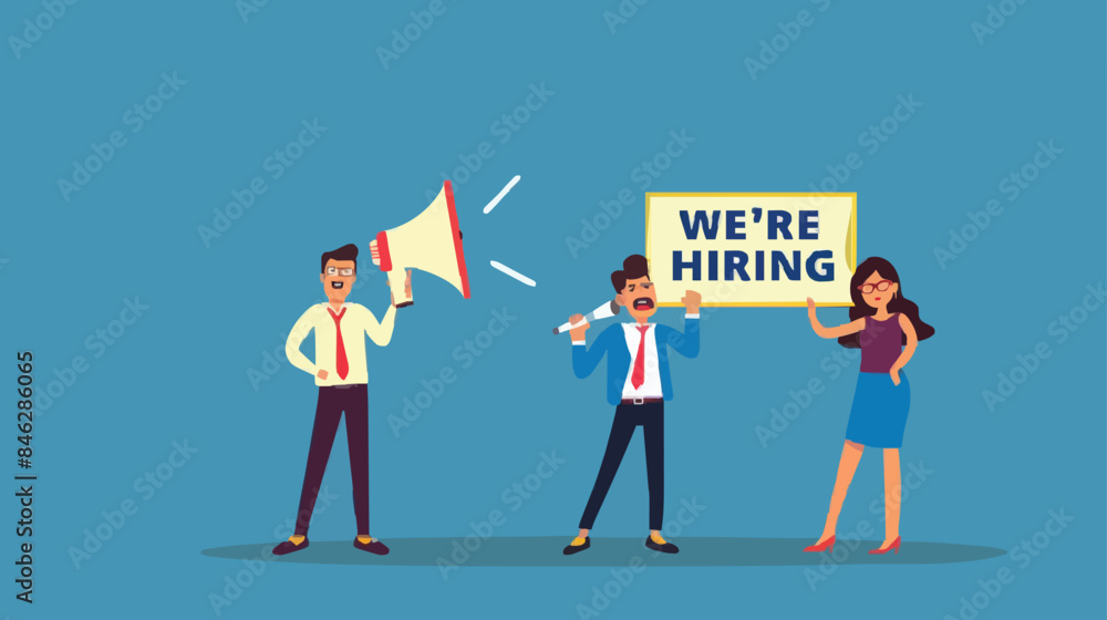 Fototapeta premium HR recruiting announcement we are hiring advertisement, human resources or employer looking for candidate for job vacancy concept, business people HR with megaphone holding we are hiring sign. Design 