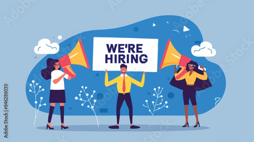 HR recruiting announcement we are hiring advertisement, human resources or employer looking for candidate for job vacancy concept, business people HR with megaphone holding we are hiring sign. Design 