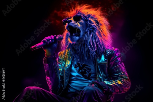 A super star lion with a microphone on stage  neon background. 