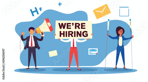 HR recruiting announcement we are hiring advertisement, human resources or employer looking for candidate for job vacancy concept, business people HR with megaphone holding we are hiring sign. Design 