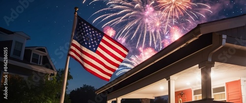 A suburban home with an American flag and vibrant fireworks in the night sky, capturing the festive essence of 4th of July and patriotic celebrations