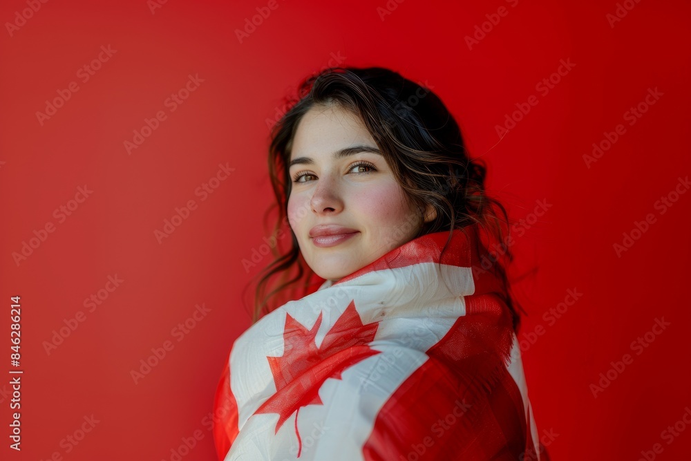 Young woman with flag of Canada on red background. Happy Canada Day greeting card Young woman with flag of Canada on red background. Happy Canada Day greeting card