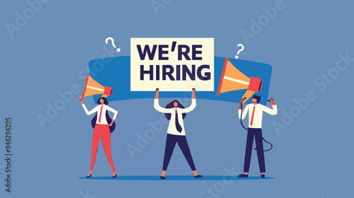 HR recruiting announcement we are hiring advertisement, human resources or employer looking for candidate for job vacancy concept, business people HR with megaphone holding we are hiring sign. Design 