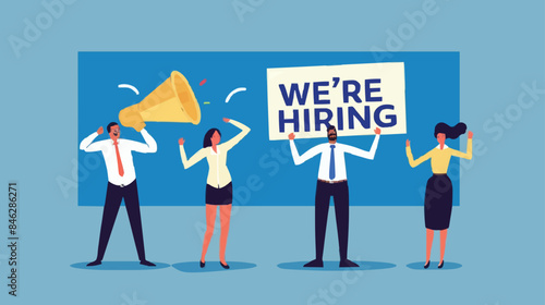 HR recruiting announcement we are hiring advertisement, human resources or employer looking for candidate for job vacancy concept, business people HR with megaphone holding we are hiring sign. Design 