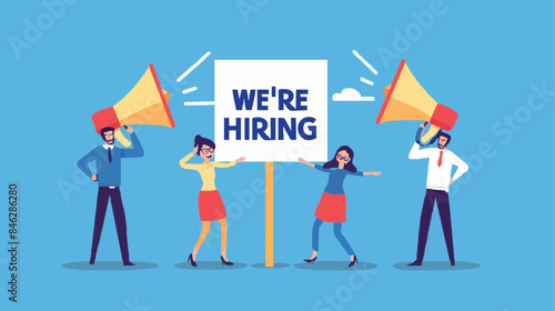 HR recruiting announcement we are hiring advertisement, human resources or employer looking for candidate for job vacancy concept, business people HR with megaphone holding we are hiring sign. Design 