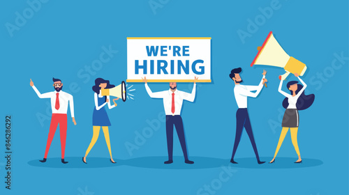 HR recruiting announcement we are hiring advertisement, human resources or employer looking for candidate for job vacancy concept, business people HR with megaphone holding we are hiring sign. Design 