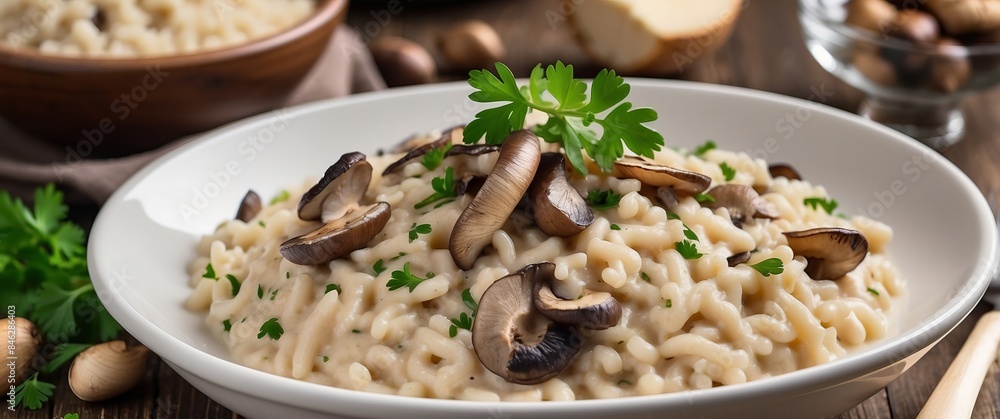 Creamy mushroom risotto garnished with parsley in a white bowl, capturing the essence of gourmet Italian cuisine for a hearty, home cooked meal Creamy mushroom risotto garnished with parsley in a white bowl, capturing the essence of gourmet Italian cuisine for a hearty, home cooked meal
