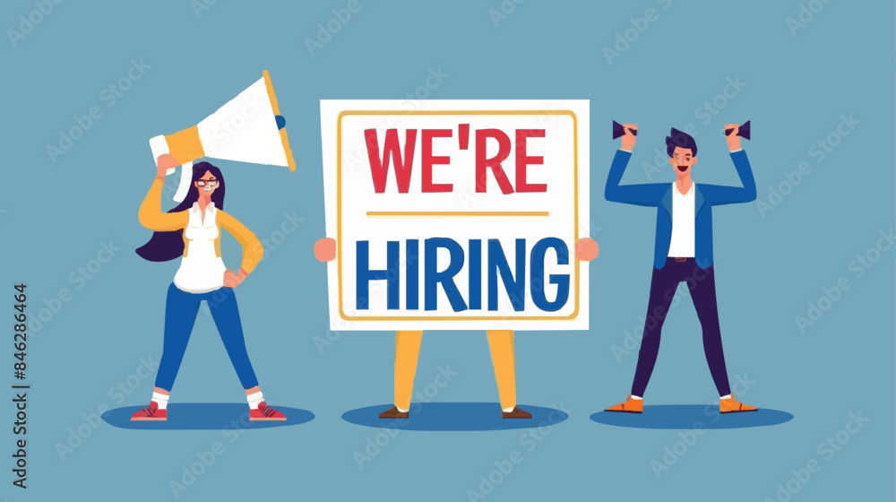 Fototapeta premium HR recruiting announcement we are hiring advertisement, human resources or employer looking for candidate for job vacancy concept, business people HR with megaphone holding we are hiring sign. Design 