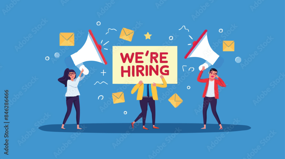 Fototapeta premium HR recruiting announcement we are hiring advertisement, human resources or employer looking for candidate for job vacancy concept, business people HR with megaphone holding we are hiring sign. Design 